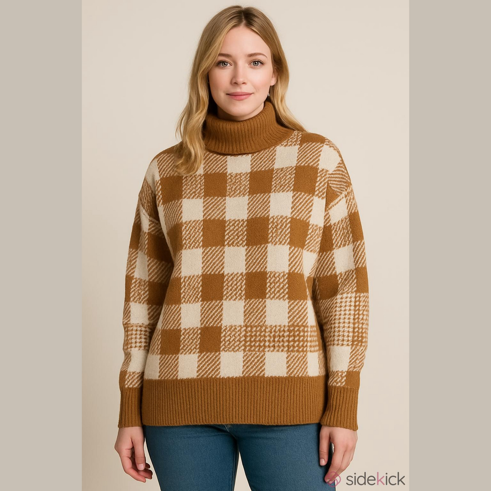 Madewell Alpaca Wool Blend Brown White Turtleneck Sweater Oversized Small
